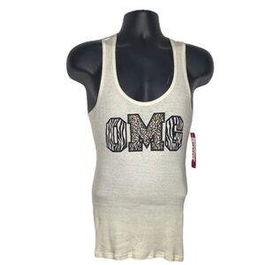BONGO ‘OMG’ Animal Print Slogan Racerback Tee (Size:Large, Color:Off-White)